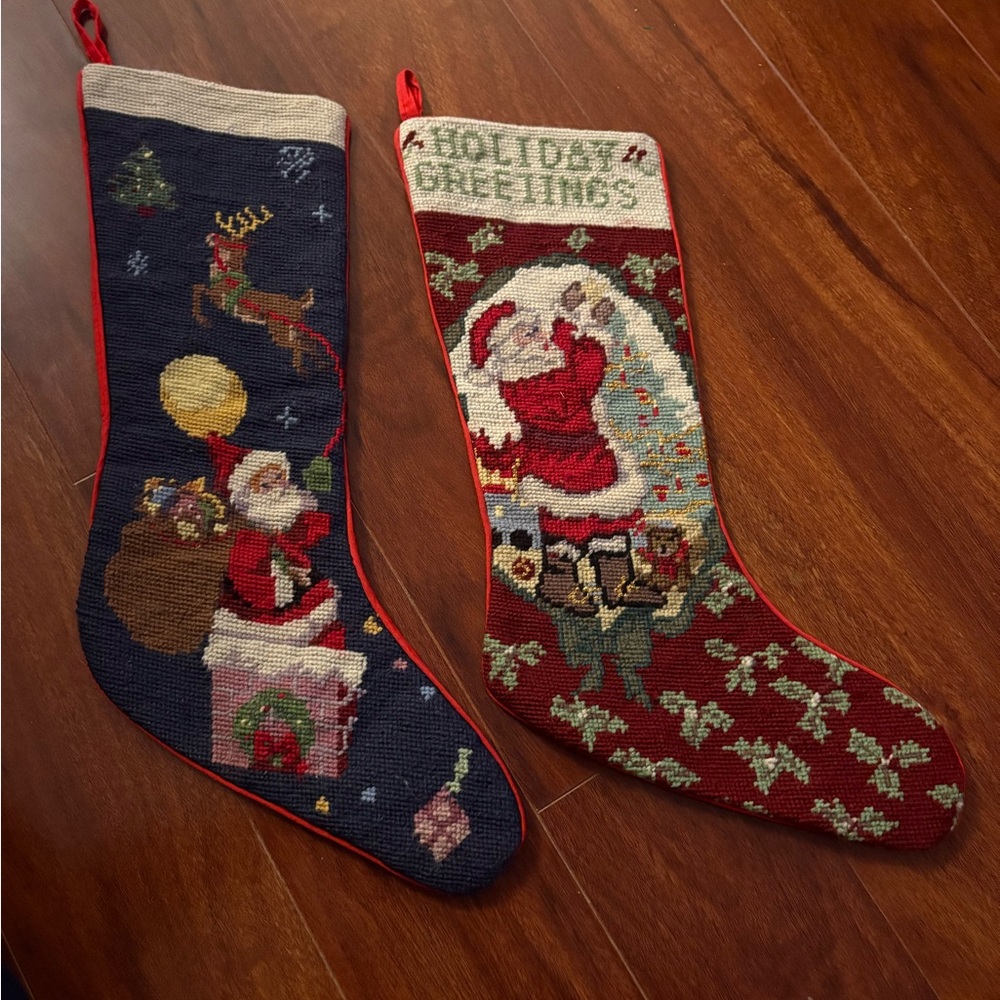 Vintage Needle Point Christmas Stocking Lot Of 2